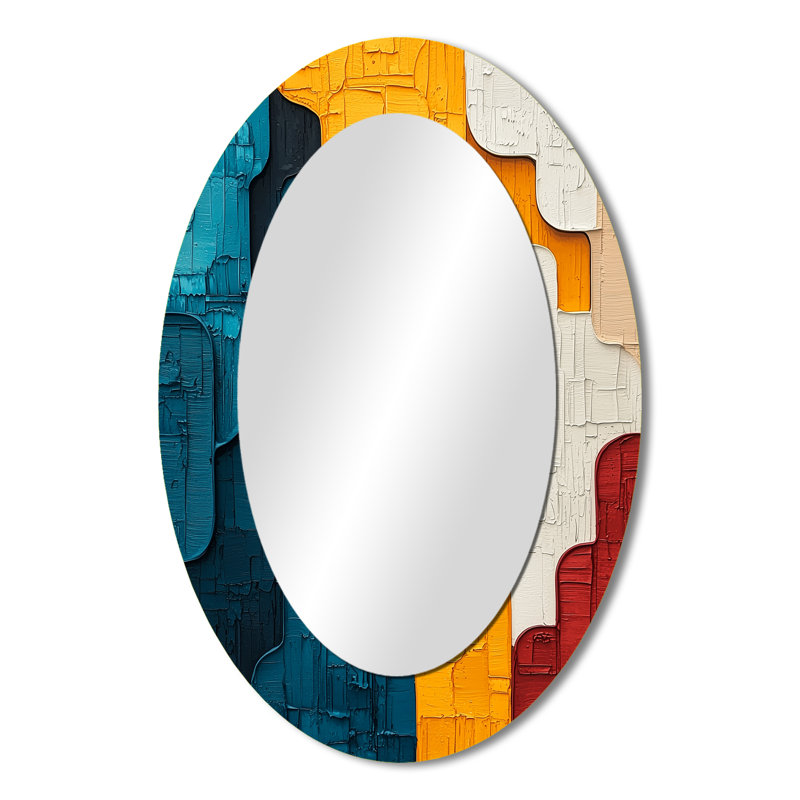 Urban Jazz Transitional Blue And Yellow Collage I - Abstract Oval Decorative Mirror On Metal, 36" x 24"