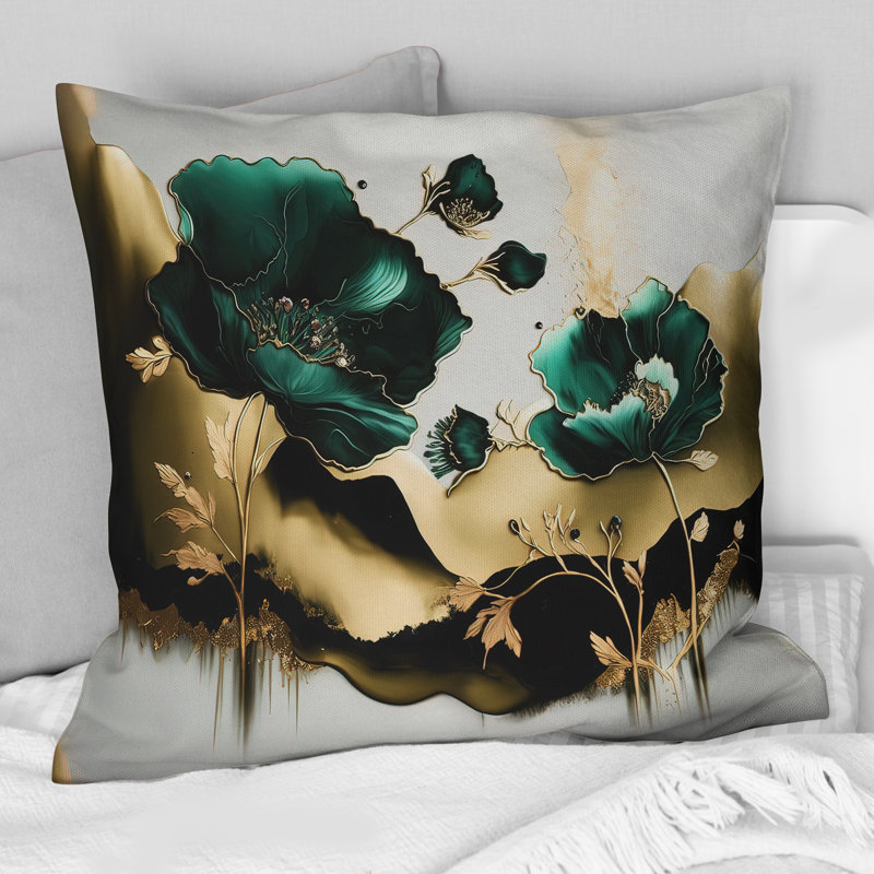 Or et vert coquelicot floral Euphoria II - coussin imprimé coquelicots, H 18 po x l 18 po, Carré