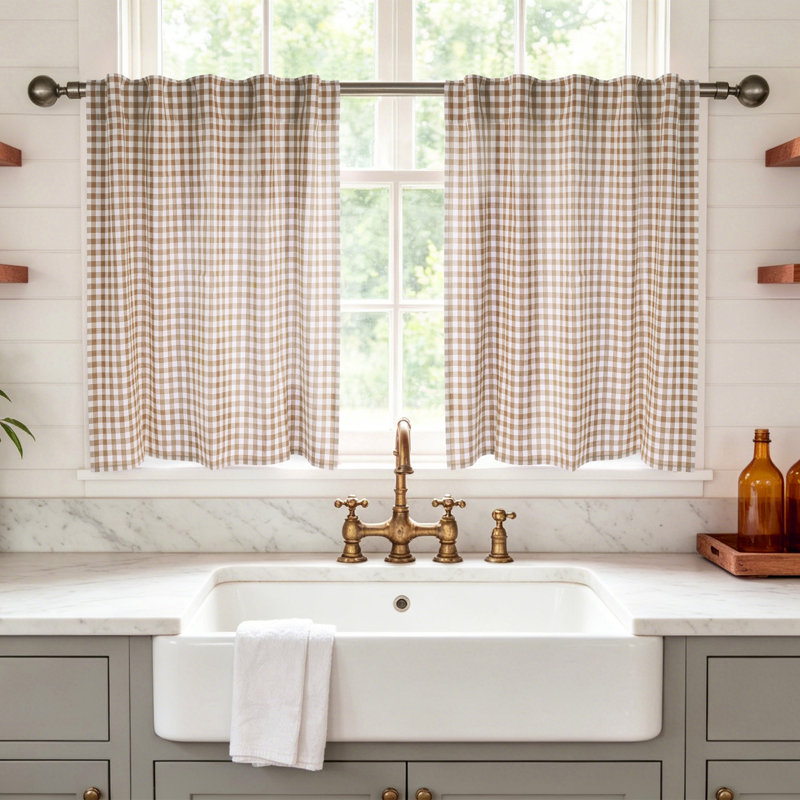 Rideaux de cuisine 100% coton, L 30 po x L 30 po, Kaki