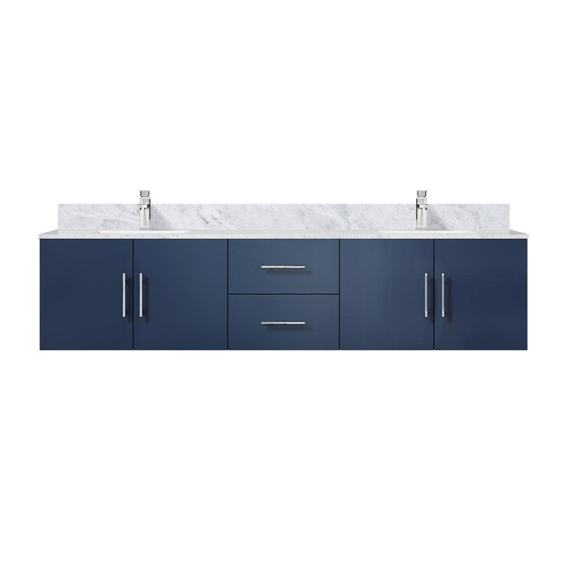 Geneva 80" Wall-Mounted Double Bathroom Vanity Set, Navy Blue, White Carrara Marble