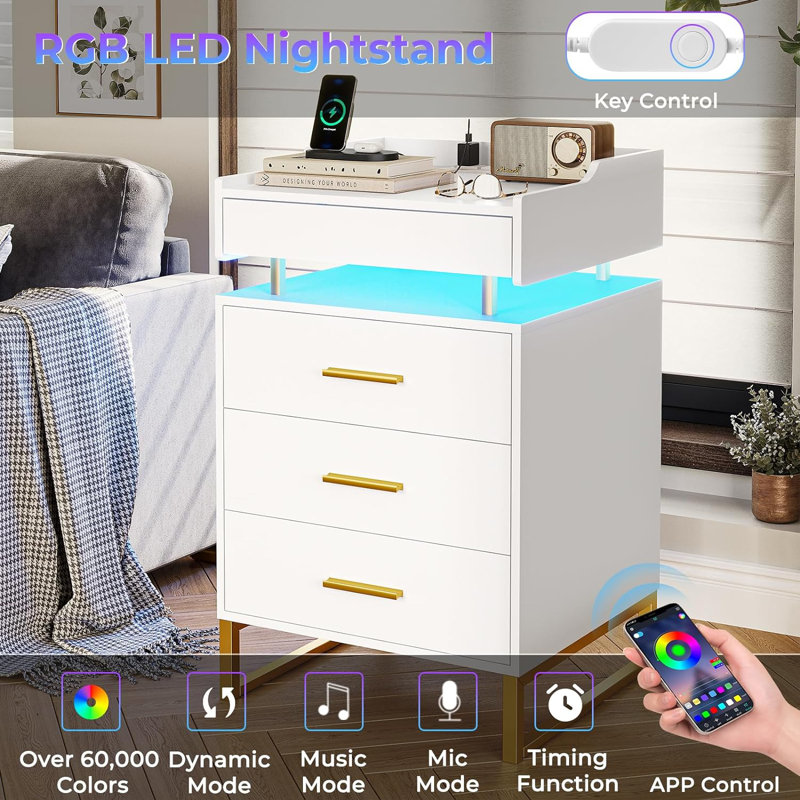 Novaly Solid + Manufactured Wood Nightstand,LED Nightstand with Charging Station, Night Stand with 3 Drawers and 1 Pull-Out Tray,LED Lights,Metal Legs