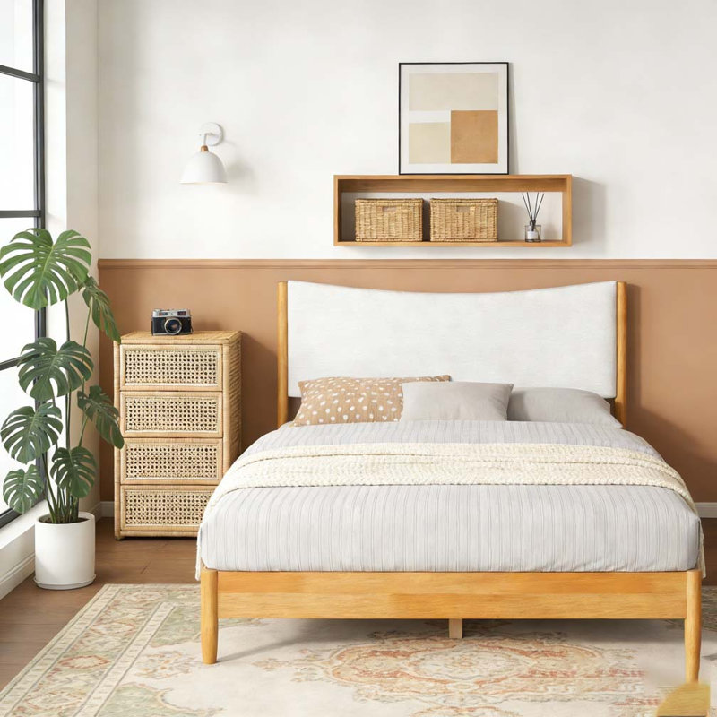 Grand lit en bois d'hévéa massif avec tête de lit tapissier Boucle