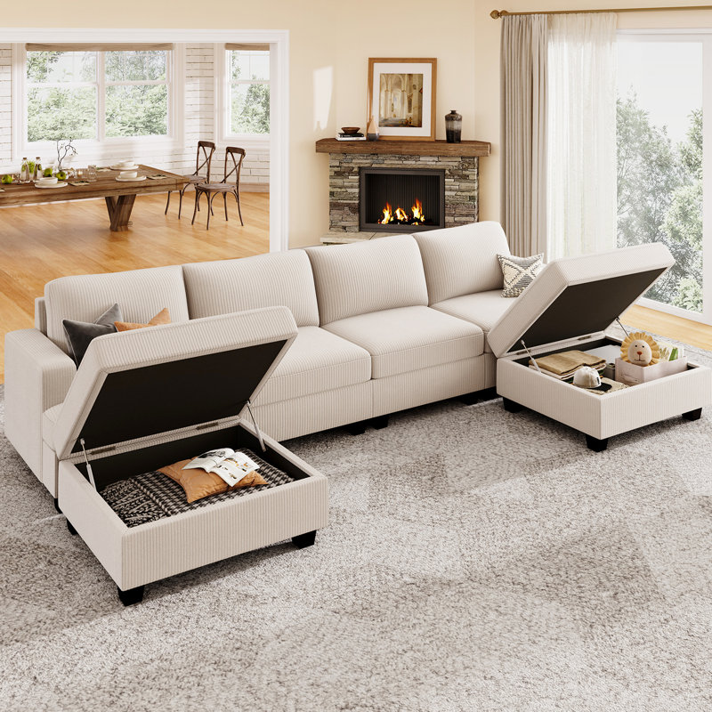 Canapé modulaire en U avec rangement Anureet, Velours côtelé beige, H 35 po x l 120,6 po x P 60,7 po, Non