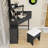 Corner Makeup Vanity with Cushioned Storage Stool, Glass Tabletop and Movable Pull-Out Cabinet-1709627035