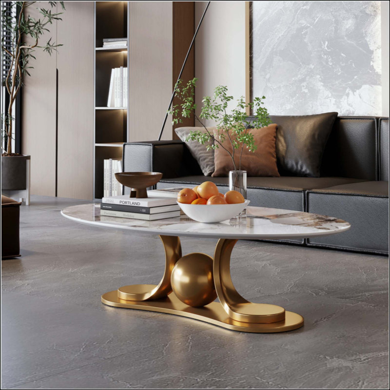 Metal Coffee Table With Stainless Steel Pedestal And Faux Marble Top