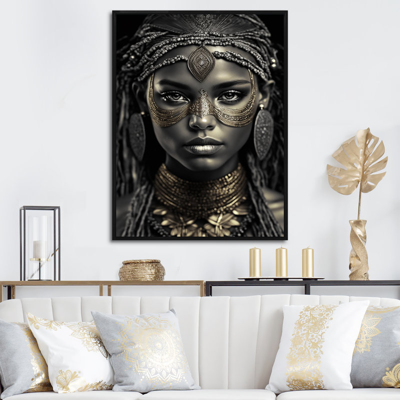Coiffe bohémienne rétro or sur toile, H 32 po x l 24 po x P 1 po, Cadre flottant noir