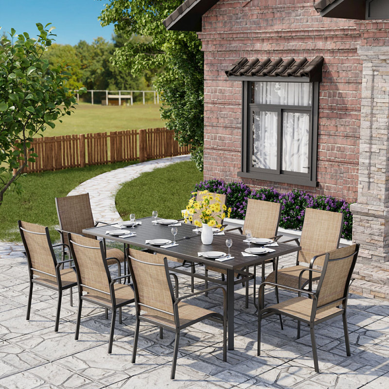9 Piece Patio Dining Set, Outdoor Dining Table And Chairs Set For 8, 8 PVC-coated polyester Chairs, 1 Iron Rectangular Table With Adjustable Umbrella Hole, Patio Furniture Set For Deck, Backyard, Lawn, Poolside, Brown/gray/blue