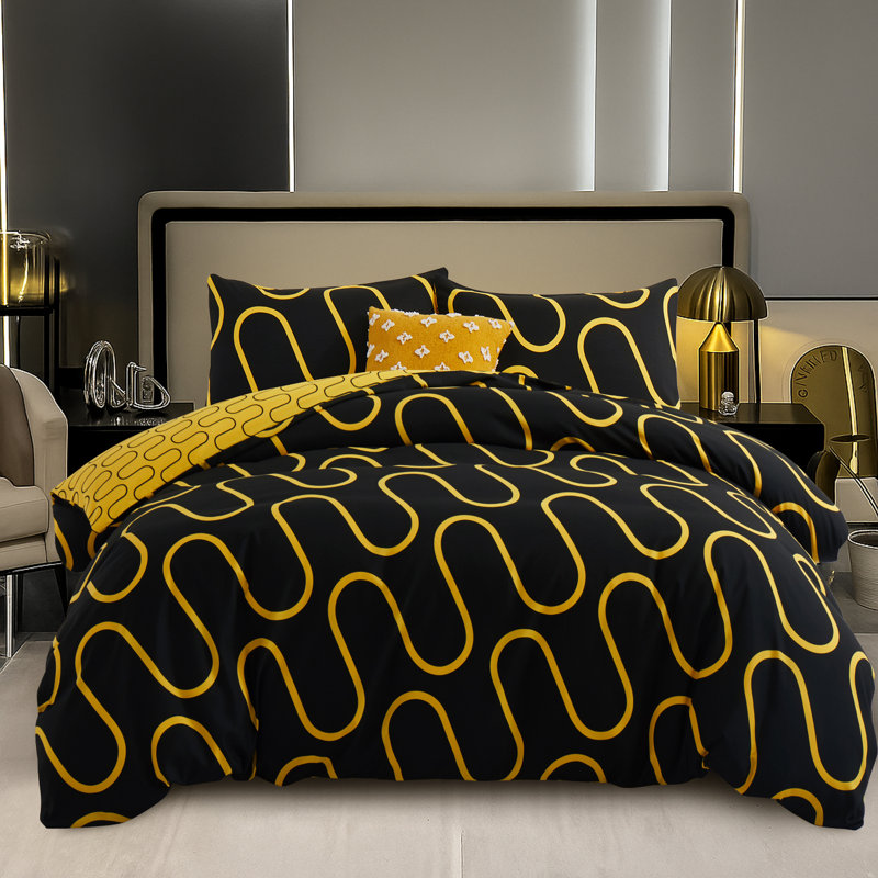 This Stripe Duvet Cover Set Reversible black and yellow Wave with Pillowcase, Black/Ochre Wavy