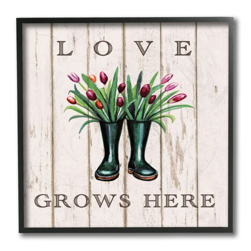 «Love Grows Here Expression Rainboot Tulipes Bouquets» par Elizabeth Tyndall - impression d'art graphique, H 12 po x l 12 po