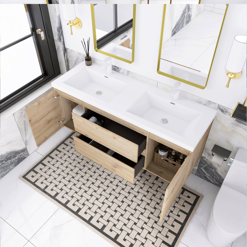 Cafar 58.5 " W Wall Mounted Wall Mounted 2 Double Vanity Bathroom Vanity With Resin Top, Natural