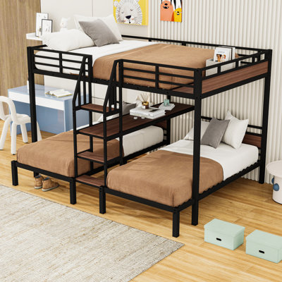 Metal Triple L-Shaped Bunk Bed With Built-In Shelves