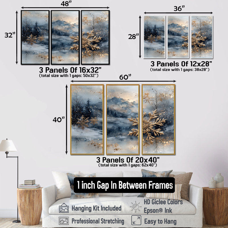 Gold Christmas Snowflakes I - Christmas Wall Decor Set, 28" H x 36" W x 1" D, Black Floater Framed Canvas