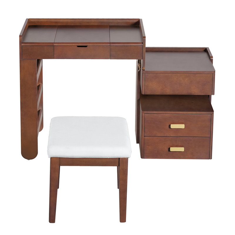 31 Walnut Makeup Table With 3-Color Led Lighting, Fold-Down Mirror, And Divided Storage Drawers For Home Decor Vanity Adjustable Retractable Side Cabinet Use
