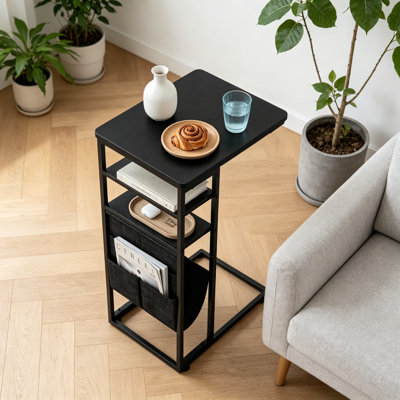 Table de bout en forme de C de 28 pouces de haut avec tablettes et sac de rangement, table sous le canapé à 3 niveaux pour le salon, la chambre à coucher, le bureau, la table d'appoint pour canapé, lit ou chaise