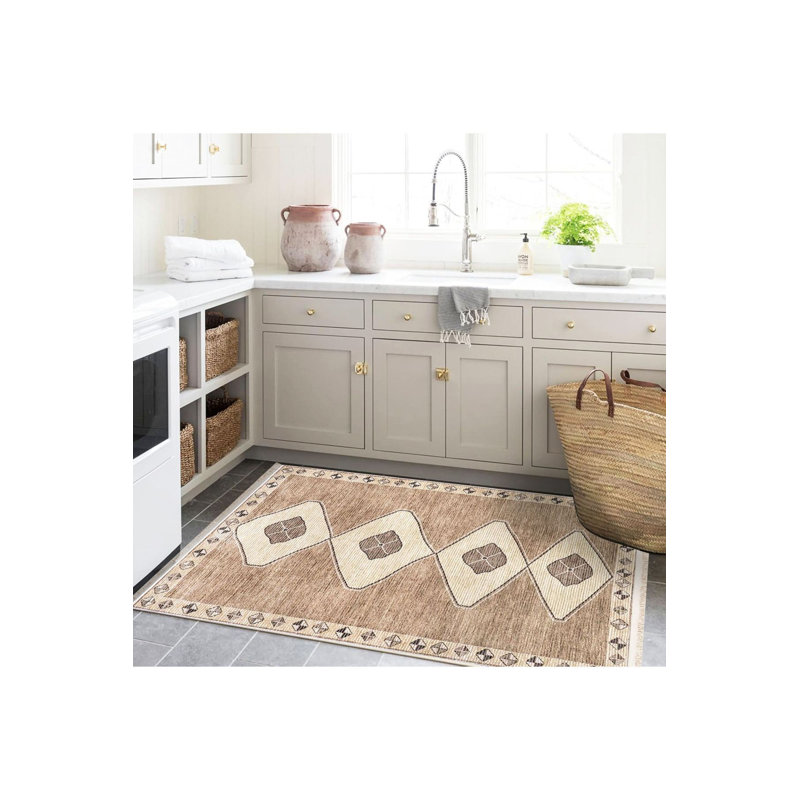 Tapis décoratif beige moderne lavable à la machine, Tapis de couloir 3 pi 3 po x 6 pi 7 po