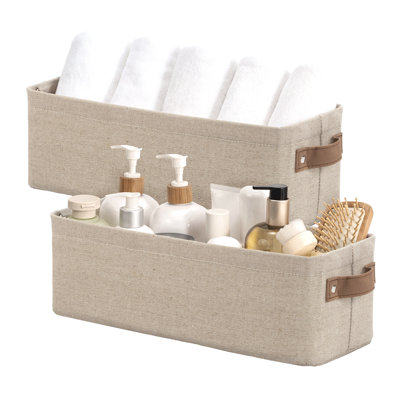 Narrow Storage Bins With Handle, Small Fabric Organizer Basket for Closet and Shelf, Brown