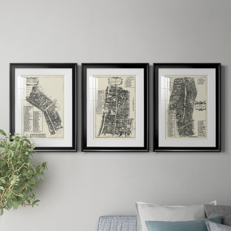 Quays of London III - ensemble de 3 reproductions de dessins encadrés, H 24,5 po x l 55,5 po x P 1 po, Cadre noir