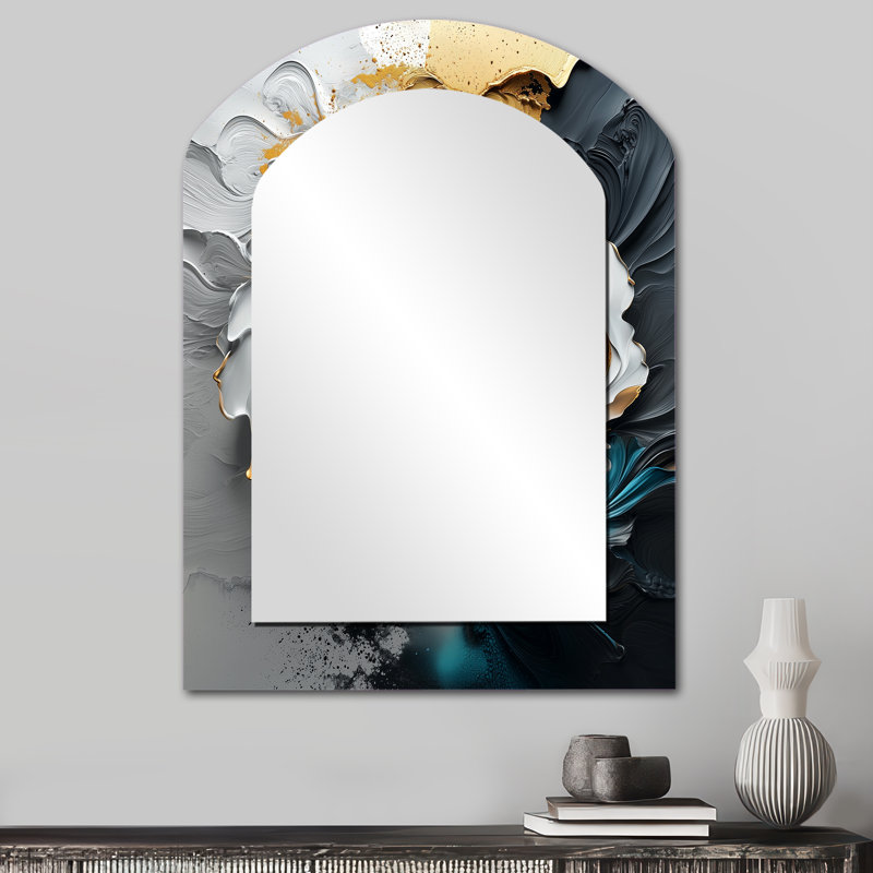 Noir et doré, lignes de lune III - miroir décoratif en forme d'arche abstraite, miroir mural asymétrique doré, impression sur métal