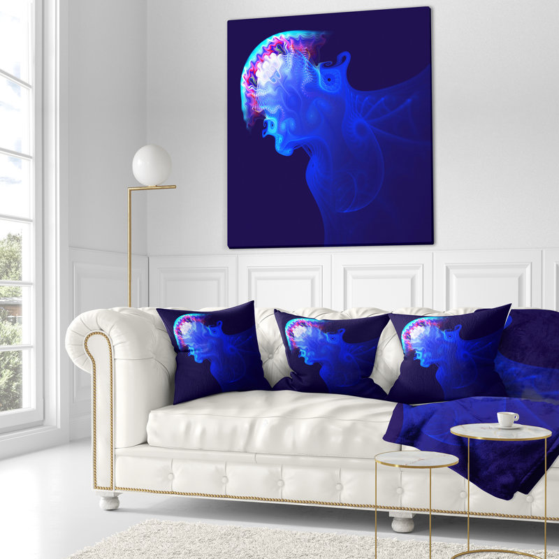 Méduse bleue dans l'océan - Coussin imprimé animal, 16 po x 1 po, Coussin décoratif