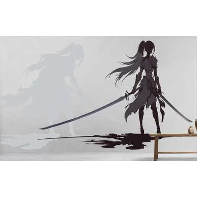 Décalcomanie murale femme Samurai, autocollant mural double épée, art de style Katana mural, décor de chambre d'adolescent foncé fantaisie 473GM