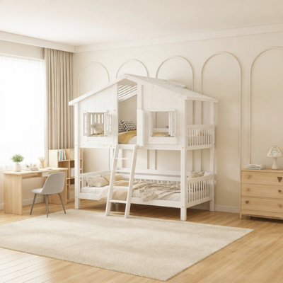 Twin Over Twin House Bunk Bed With Roof , Window, Window  Box, Door , With Safety Guardrails And Ladder,White