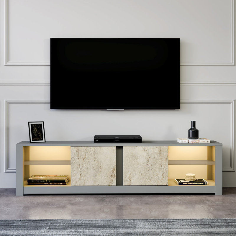 Meuble télé moderne avec option de fixation murale, gris et travertin, 70,9 po x 17,7 po x 13,8 po | 100% panneau de particules enduit de mélamine, épaisseur: 0,7 pouce | Plusieurs tablettes pour le rangement, design élégant en marbre