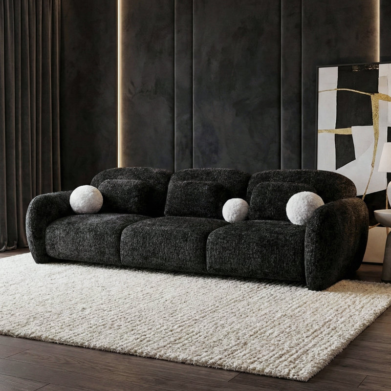Canapé en chenille de 97 po avec coussins décoratifs Dottie, Noir