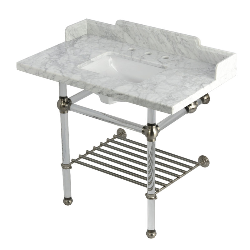 Kingston Brass Pemberton 36-Inch Carrara Marble Console Sink with Acrylic Legs and Shelf (8-Inch, 3-Hole), Brushed Nickel