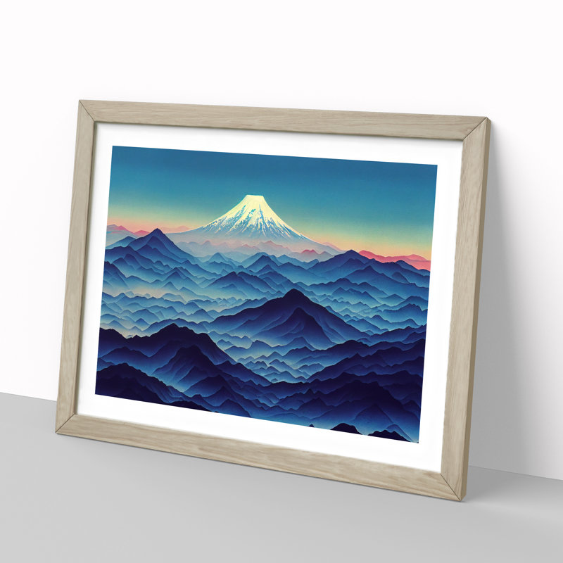 Flowing Japanese Mountains - Single Picture Frame Print, 46cm H x 64cm W x 2cm D, Oak