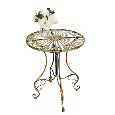 Culbreath Verdigris Green Metal Bistro Table with Curved Legs Scrolling Heart & Peacock Tail Motif