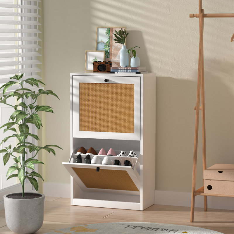 2-Tiers Rattan Shoes Cabinet with Flip-Drawers and Adjustable Shelves