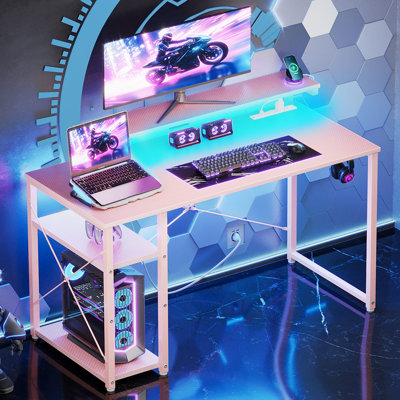 Gaming Desk With Led Lights, Home Office Desk With Recessed Power Outlet, Computer Desk With Spacious Shelves, Reversible Gamer Desk Table With Adjustable Monitor Stand & Headphone Hook