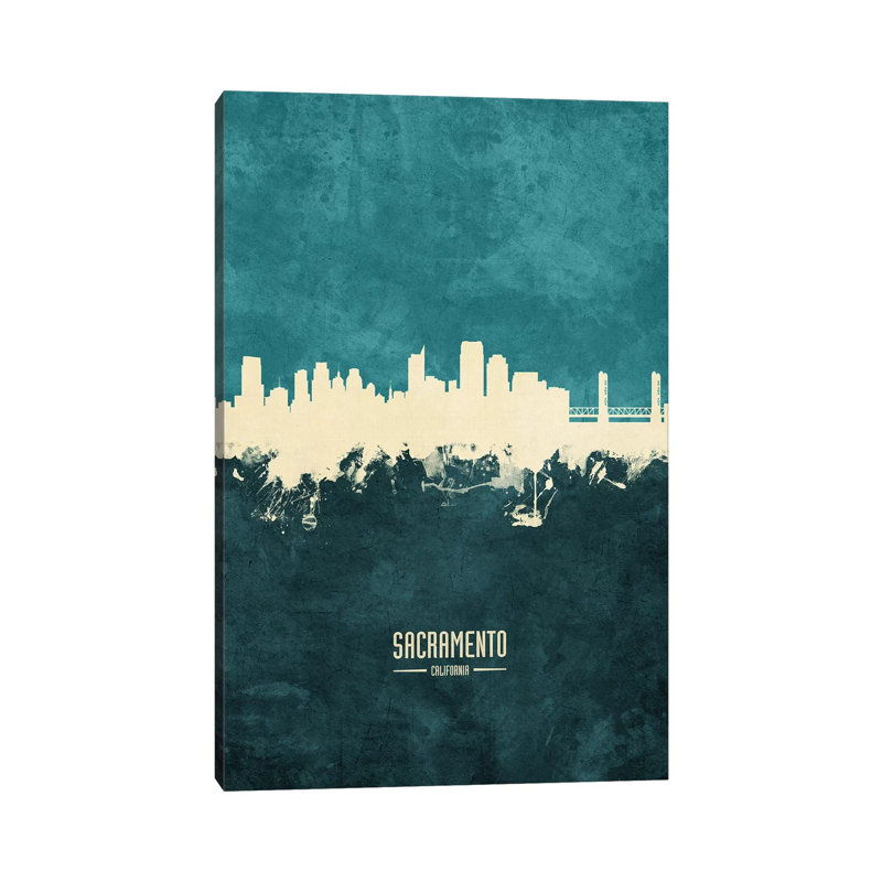 «Sacramento California Skyline» par Michael Tompsett - peinture sur toile tendue, H 18 po x l 12 po x 1,5 po
