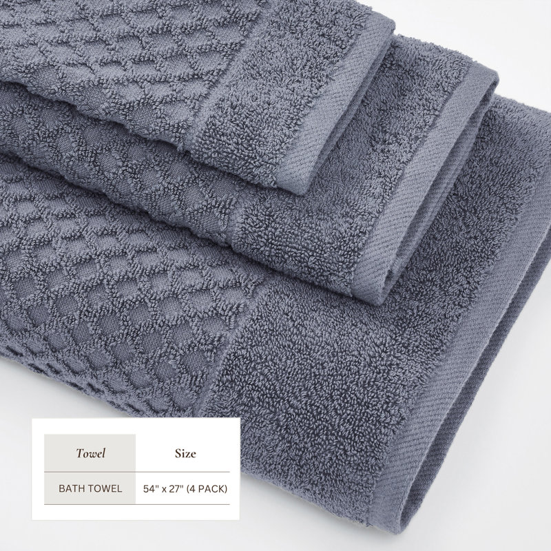 Ultra-Soft & Absorbent 100% Cotton Towel Set, Chambray Blue Diamond, Bath Towels - 4 Pack