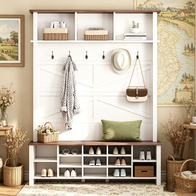 Arbre d'entrée 4-en-1 Farmhouse avec 6 crochets, banc d'entrée en noyer avec tablettes, range-chaussures rustique avec 16 compartiments pour le vestibule et le salon