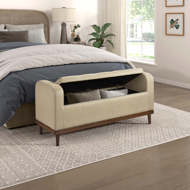 Mid-Century Modern Lift Top Upholstered Tufted Storage Bench With Foam Cushioned Seat And Interior Storage, Light Brown