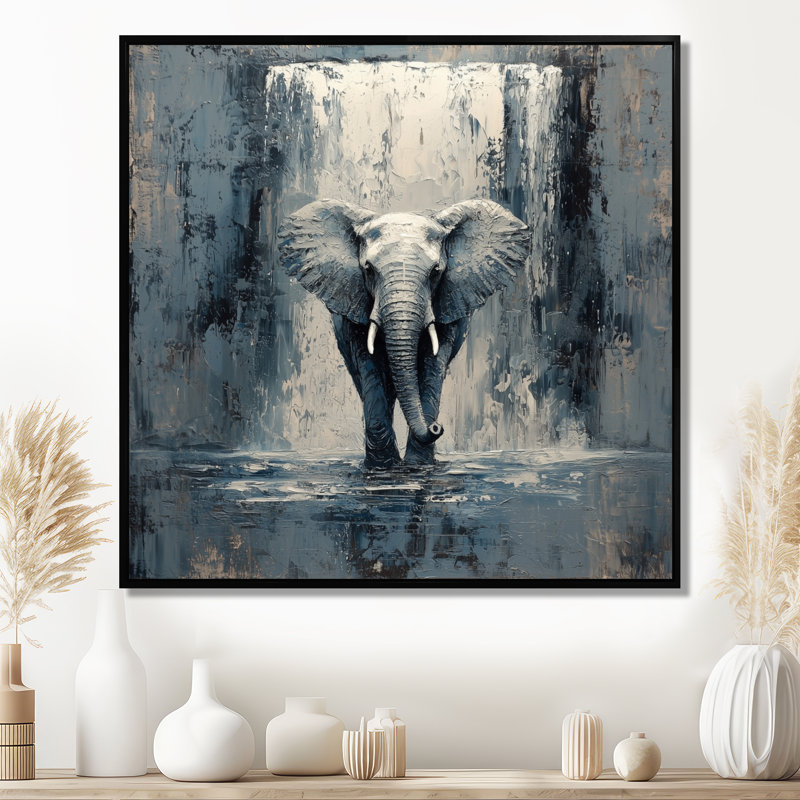 Impression sur toile encadrée, "Elephant monochrome et la cascade III", H 16 po x l 16 po, Impression encadrée flottante