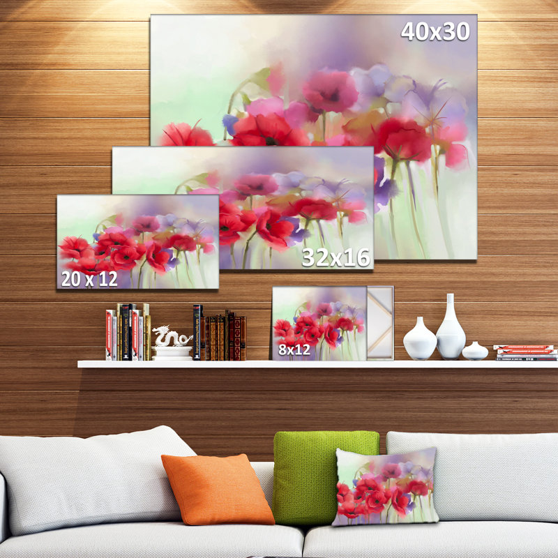 «Watercolor Red Poppy Flowers», reproduction d'art sur toile tendue, H 16 po x l 32 po