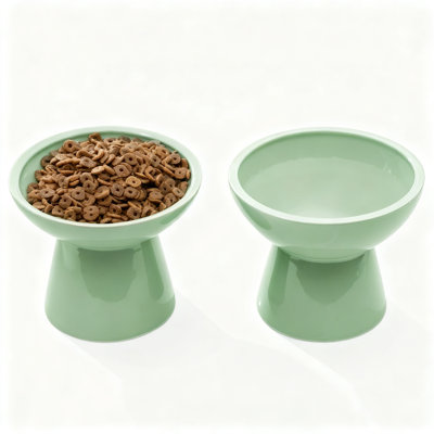 Elevated Ceramic Cat Bowls, Extra Wide Shallow Food And Water Dishes, Whisker-Friendly, Lead And Cadmium-Free, Set Of 2 (Sage Green)