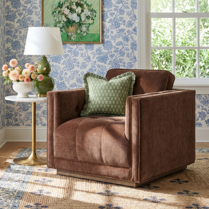 Calabrese 32'' Wide Tufted Swivel Club Chair, Whitewash, Amici Tobacco Polyester