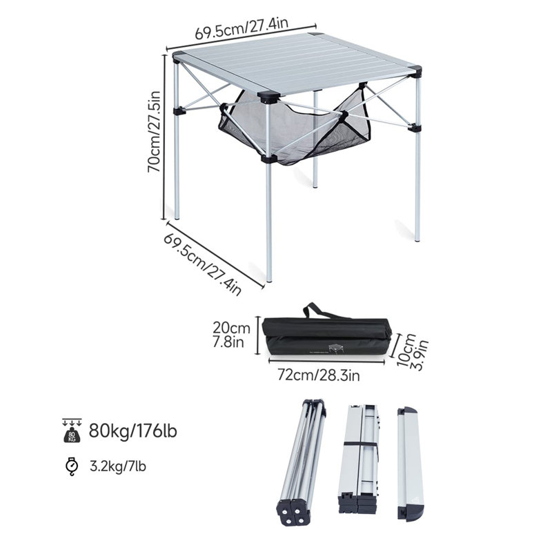 Table carrée pliante, Alu argenté