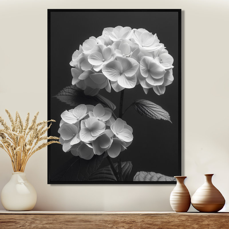 Décoration botanique monochrome hortensia I - hydrangées murales, H 34 po x l 44 po, Cadre flottant noir