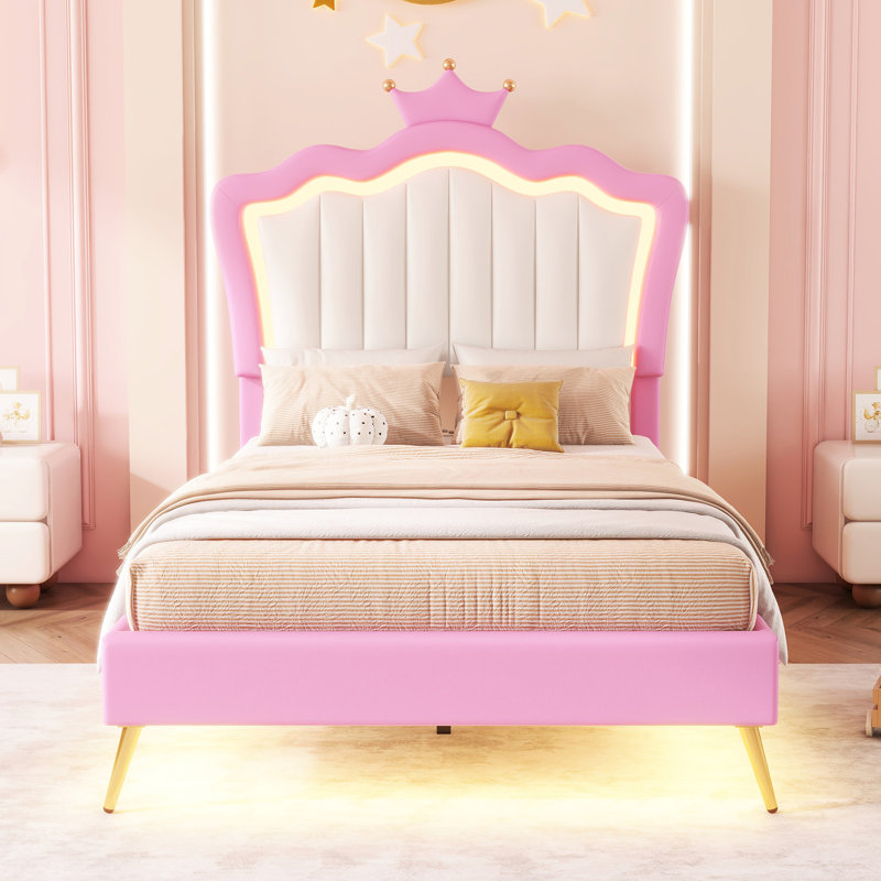 Lit simple avec lumières à DEL et tête de lit couronne, rose et blanc, style moderne, conception stable et silencieuse, sans frottement