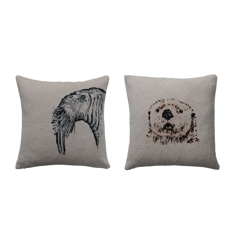 18 Inches Square Printed Linen Pillow with Animal Design Embroidery