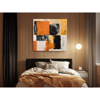 Abstrait géométrique, impression sur toile, peinture moderne texturée orange et noire