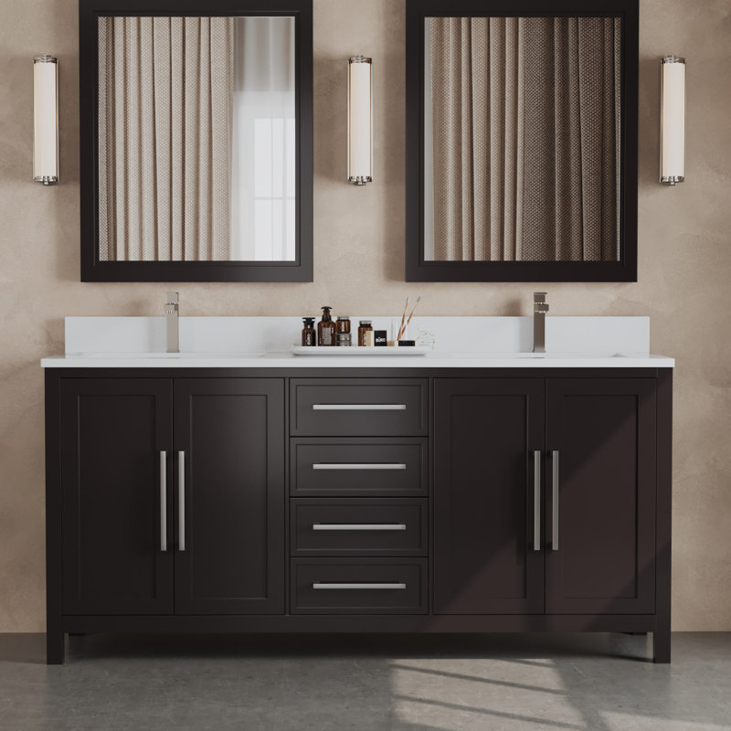 Ensemble de meuble-lavabo double autoportant 72 po avec plateau en quartz Fouraker, Espresso