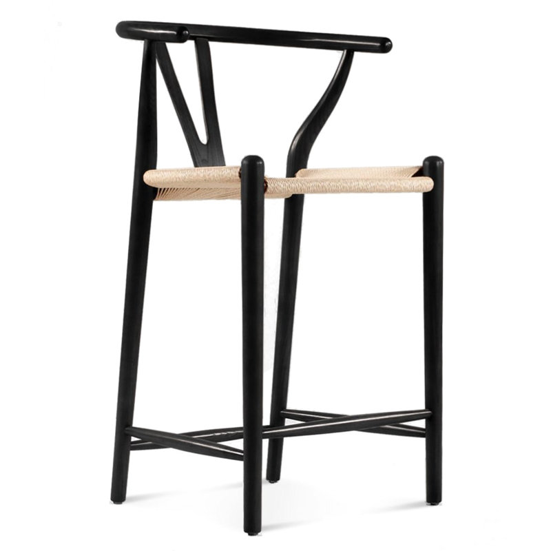 Tabouret de comptoir en frêne massif avec teinture noire sur la surface du bois, siège tissé à la main en corde de papier, teinture à l'huile, revêtement en feu, profondeur 22 po, finition 21 largeurs, traitement, largeur 36,6 po