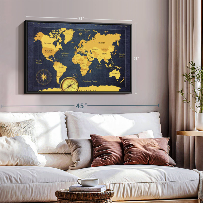 " Gold Compass World Map Canvas Print ", 21" H x 31" W