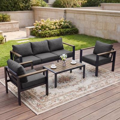 Ensemble de conversation d'extérieur en aluminium 4 pièces avec table basse, canapé modulaire à assise profonde et coussins lavables à 5 sièges, gris foncé