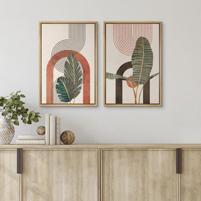 Soleil, jungle, feuille de Monstera, art abstrait, décoration murale, botanique minimaliste pour chambre à coucher, 2 pièces